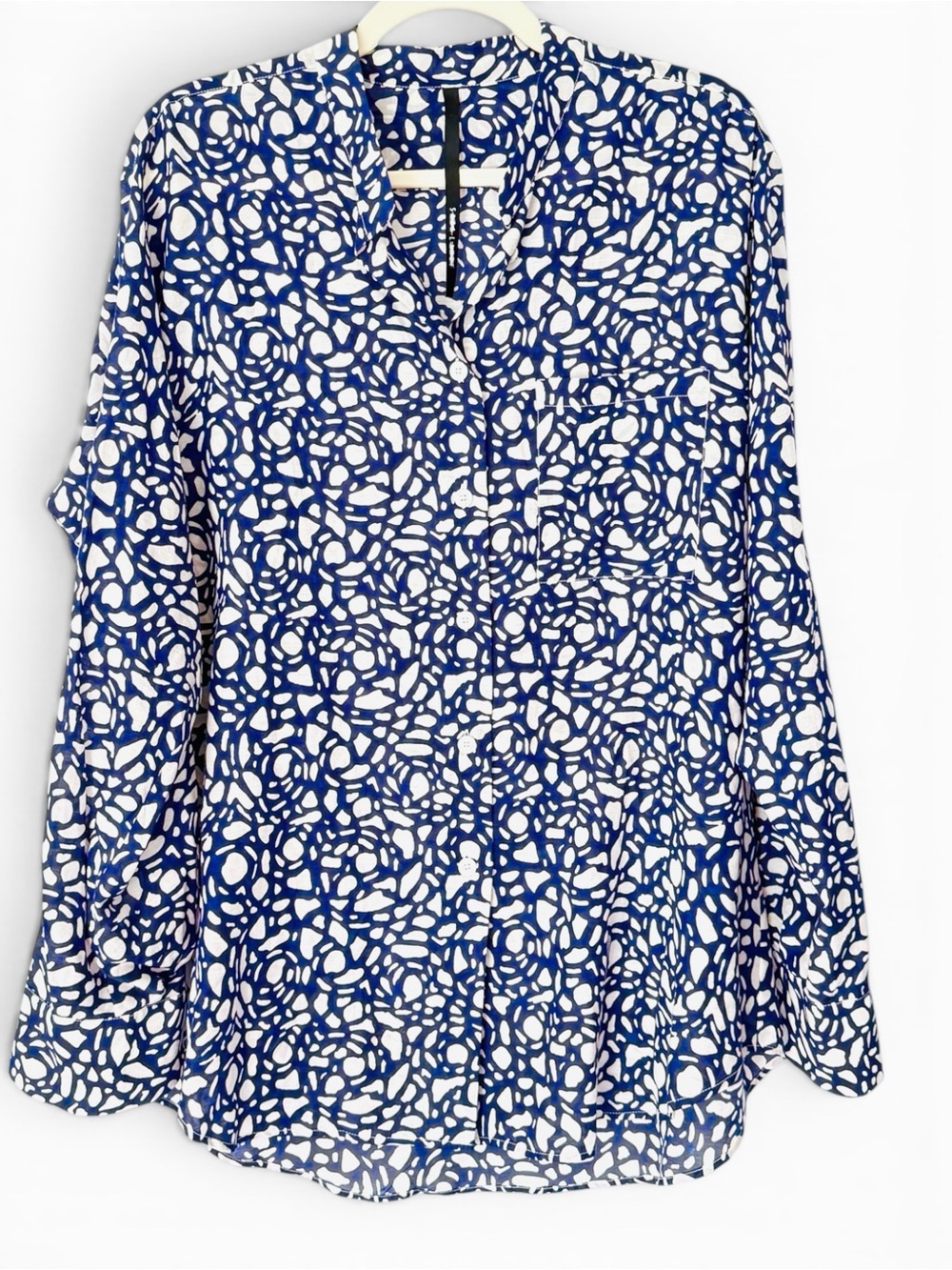 Sara Lanzi Italy Cotton Silk Wool Blend Shirt Bright Navy White Mosaic Pattern S